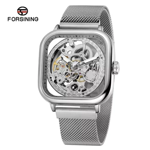 Forsining Mens Silver Automatic Mechanical Steampunk Mesh Watch