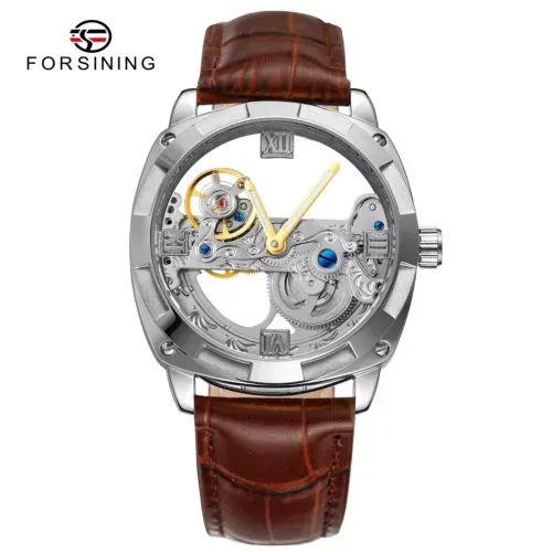 Forsining Mens Skeleton Mechanical Waterproof Luxury Watch Leather Hollow