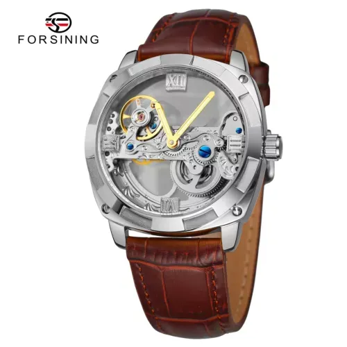 Forsining Mens Skeleton Mechanical Waterproof Luxury Watch Leather Hollow