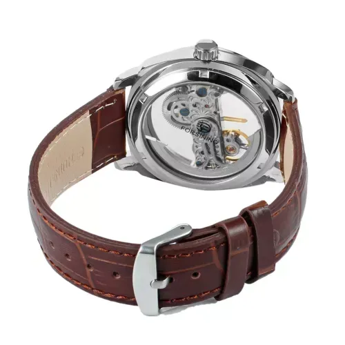 Forsining Mens Skeleton Mechanical Waterproof Luxury Watch Leather Hollow
