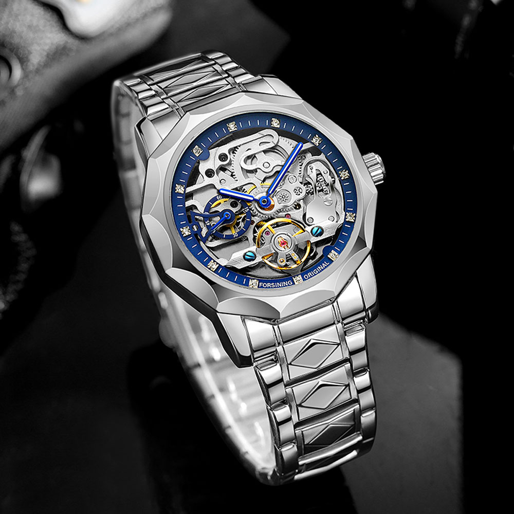 Men Forsining Automatic Watch Stainless Steel Strap Skeleton Mechanical Watches