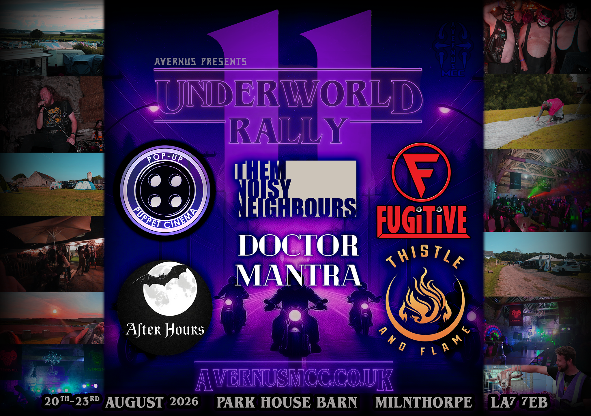 underworld flier with list of bands playing; after hours, fugitive, Dr mantra, noisy neighbours, spirit & flame plus pop up puppet cinema
