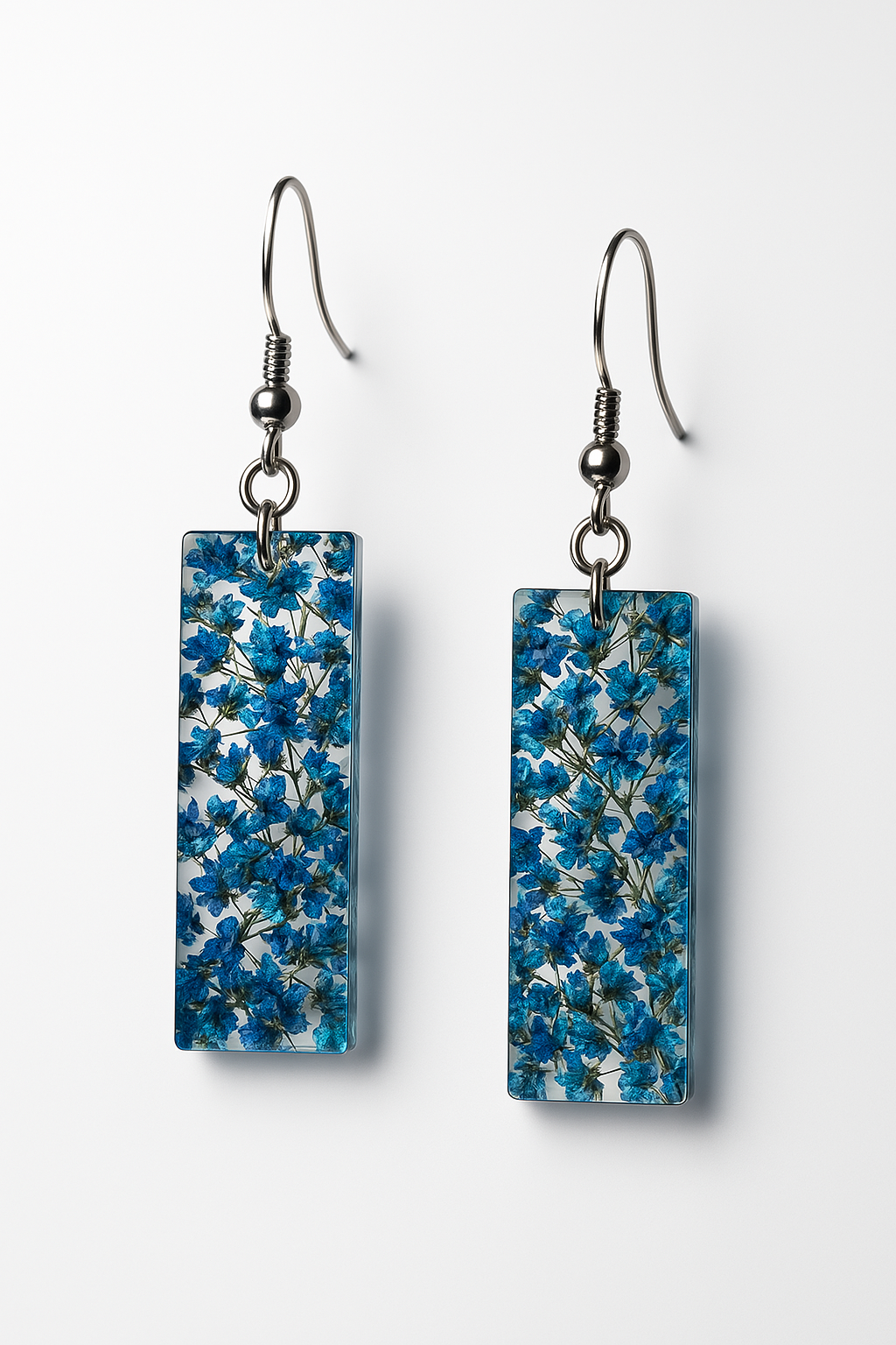 Elegant 7cm Rectangular Resin Earrings with Dried Flowers - Handmade Jewellery