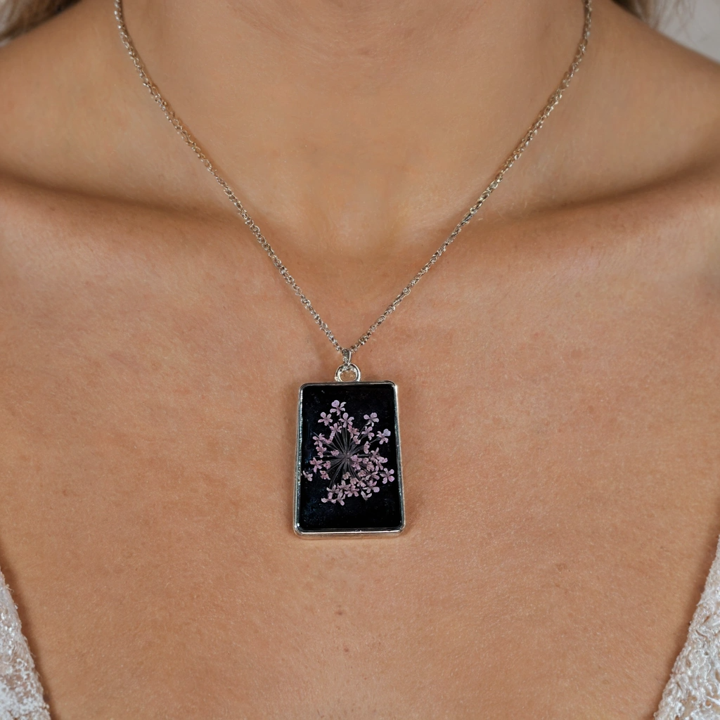 Black Resin Necklace with Real Pink Flowers – Unique Shapes