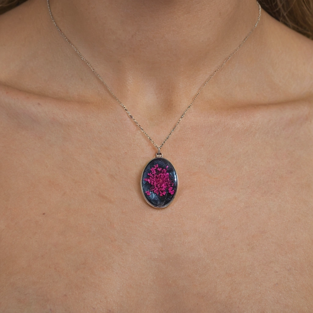 Black Resin Necklace with Real Pink Flowers – Unique Shapes
