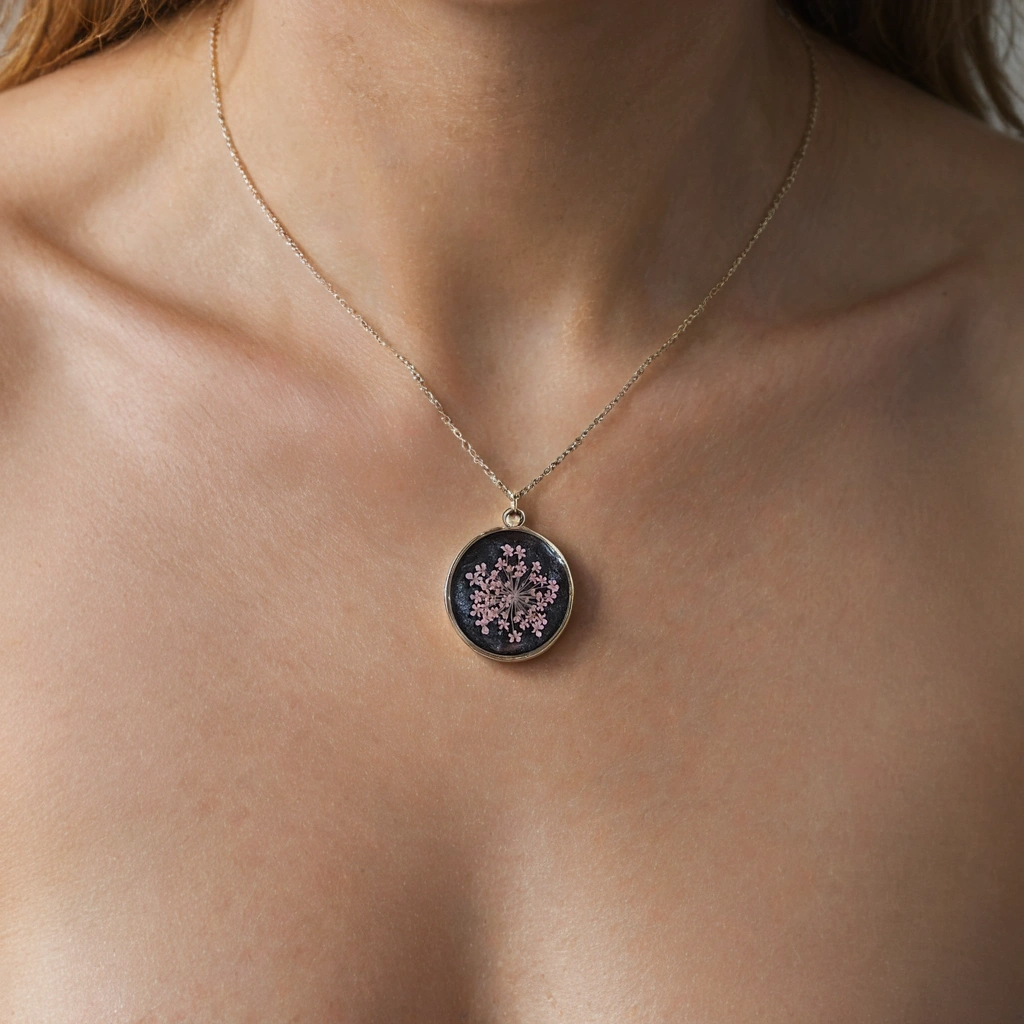 Black Resin Necklace with Real Pink Flowers – Unique Shapes