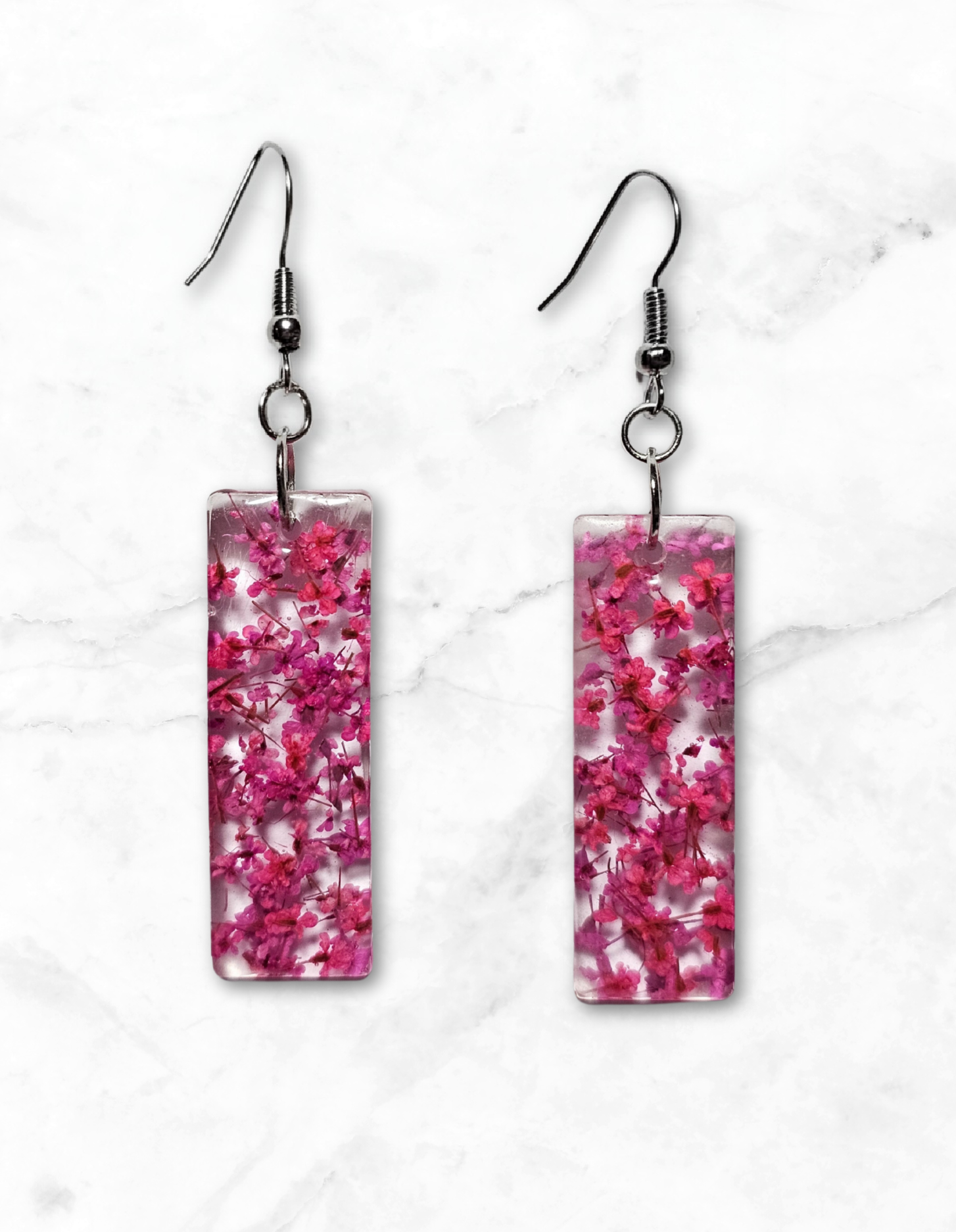 Elegant 7cm Rectangular Resin Earrings with Dried Flowers - Handmade Jewellery