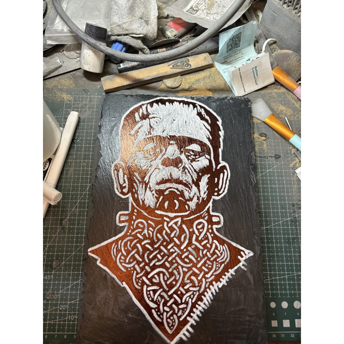 “Fire Bad” Ogham Celtic Frankenstein’s Monster Slate- Hand Carved