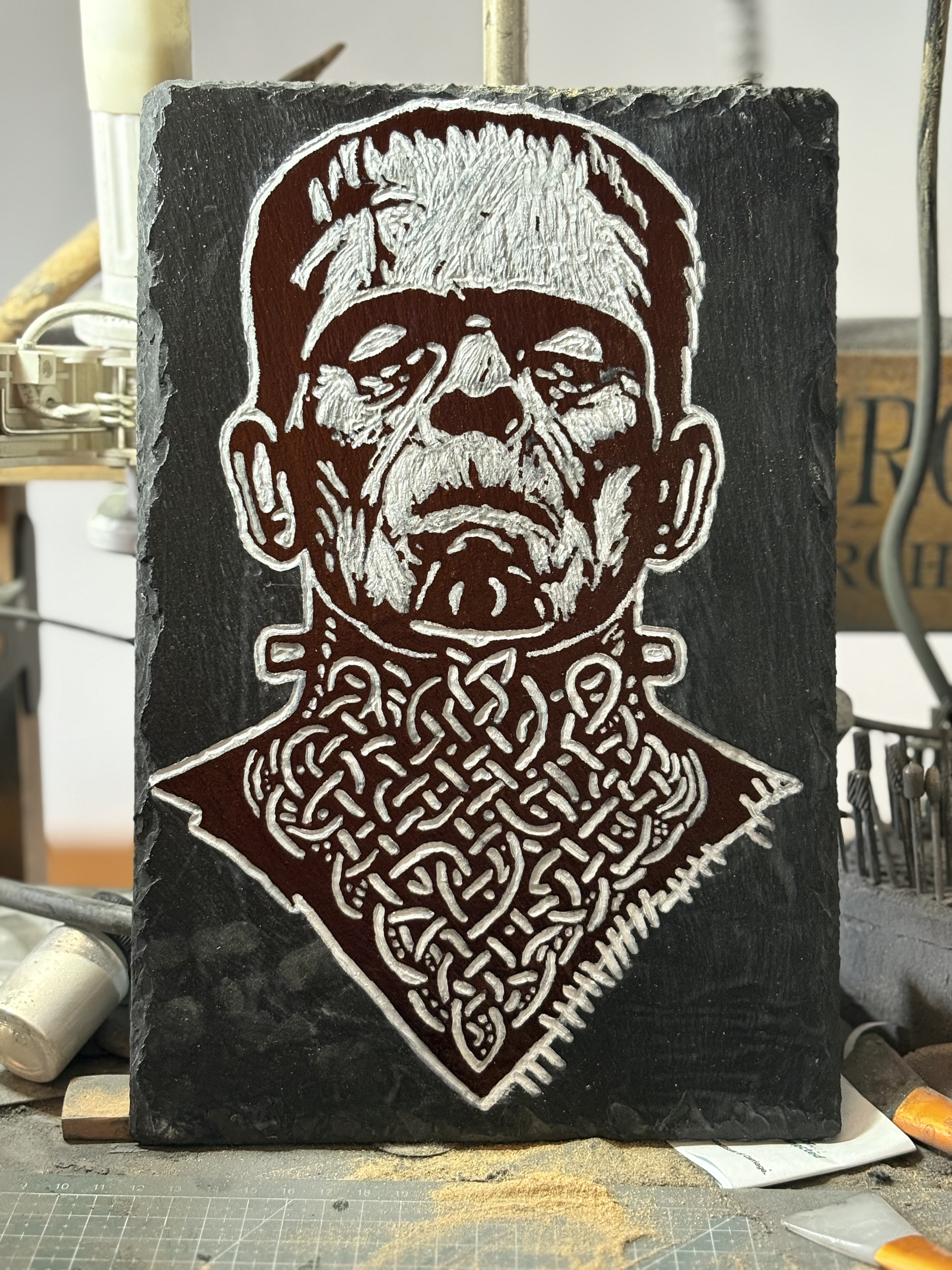 “Fire Bad” Ogham Celtic Frankenstein’s Monster Slate- Hand Carved