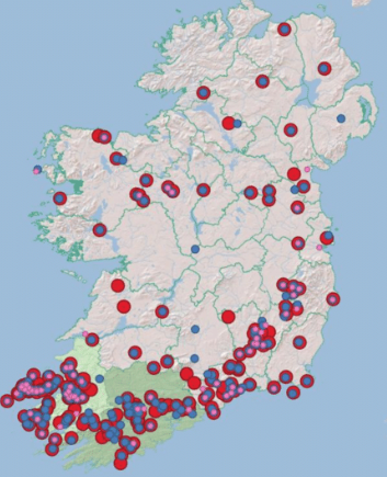 A map of Ogham Stone sites in Ireland