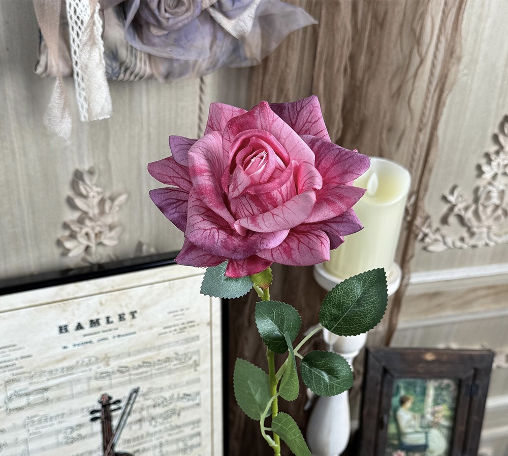 EMBOSSED ROSE FLOWER WITH STEM 11CM