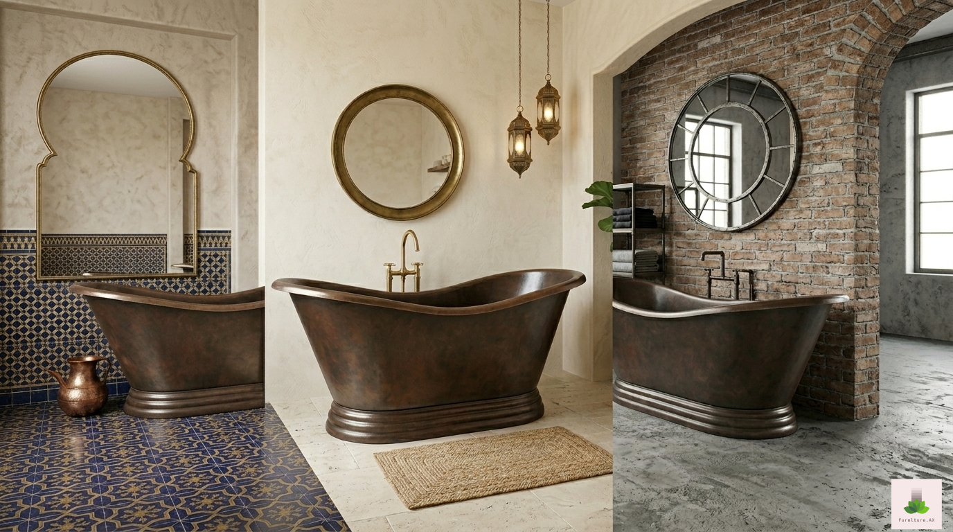 Handcrafted Copper Freestanding Bathtub with two Washbasins - Spa Quality