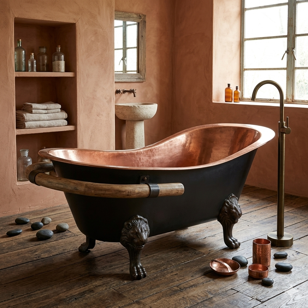Handcrafted Copper Freestanding Bathtub With A Teak Towel Bar - Spa Quality