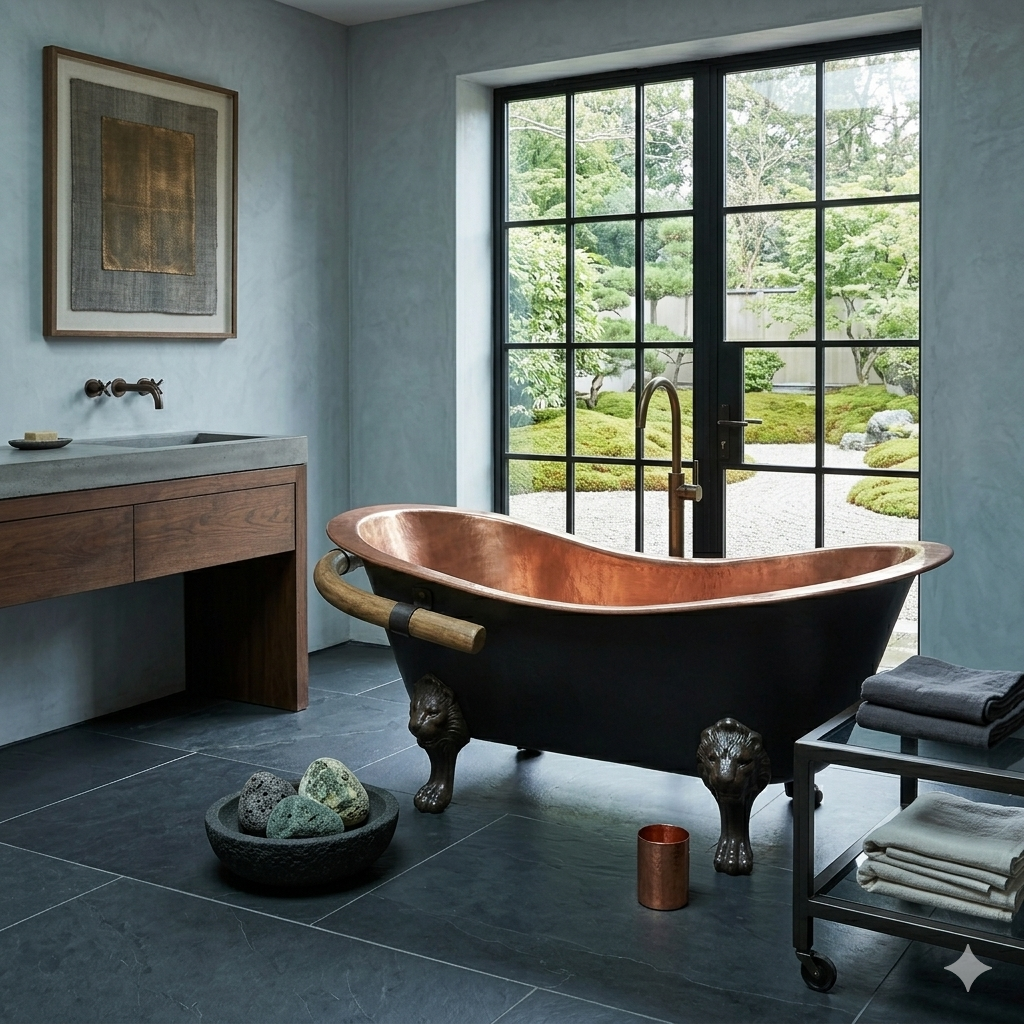 Handcrafted Copper Freestanding Bathtub With A Teak Towel Bar - Spa Quality