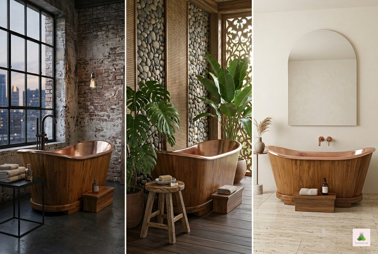 Handcrafted Teak Wood and Copper Freestanding Bathtub - Spa Quality