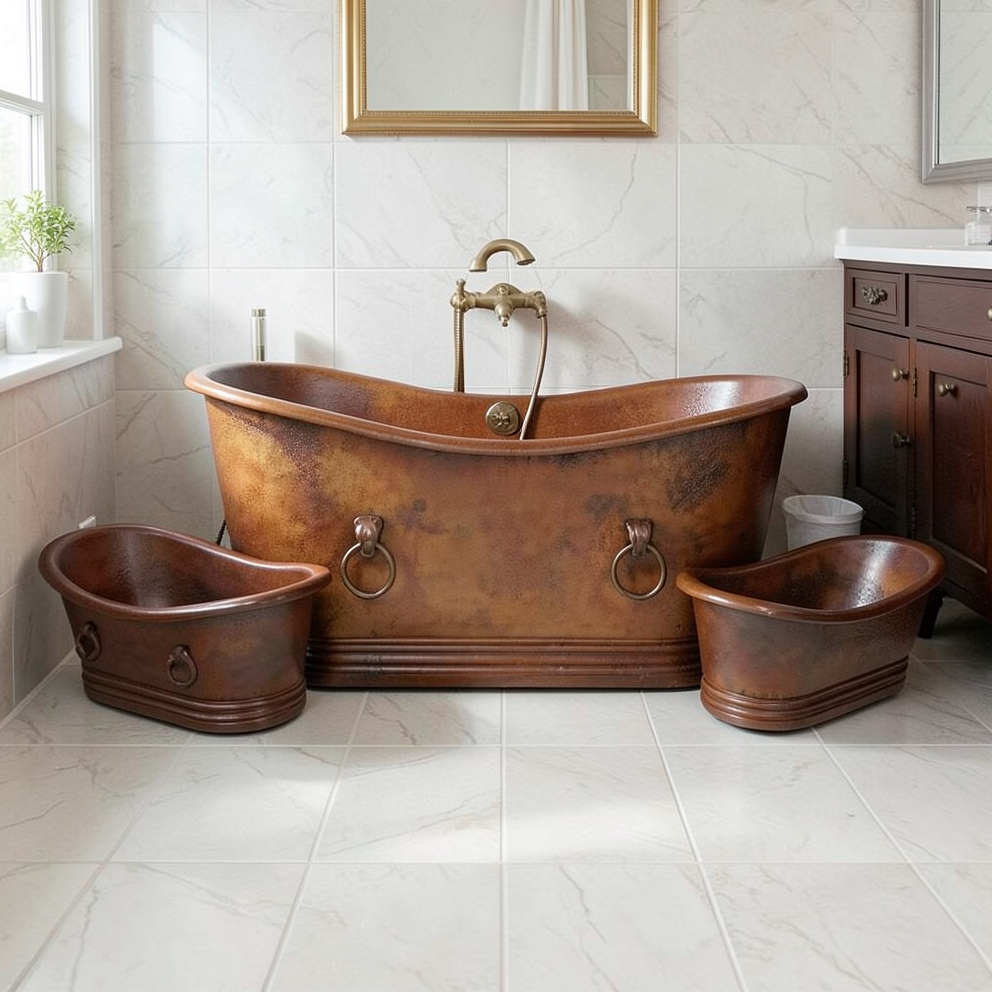 Freestanding Copper Bathtub with two additional Washbasins