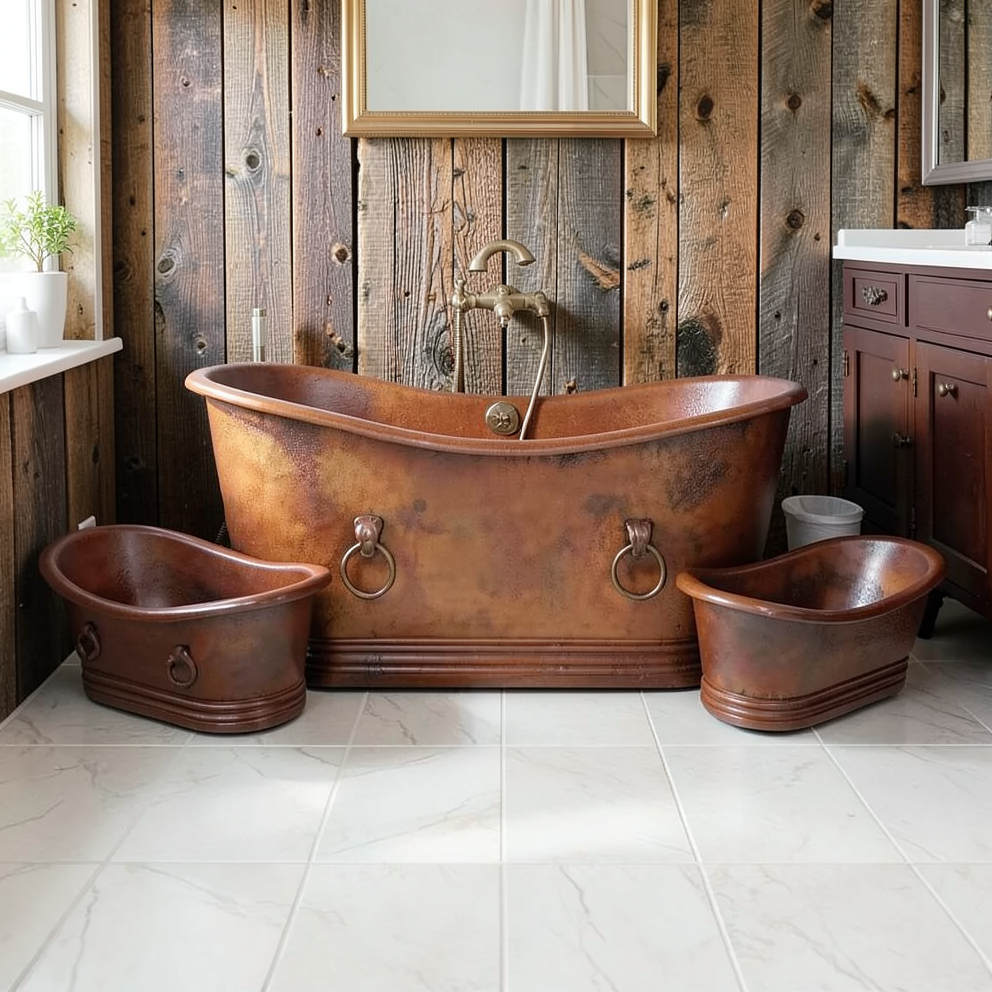 Freestanding Copper Bathtub with two additional Washbasins