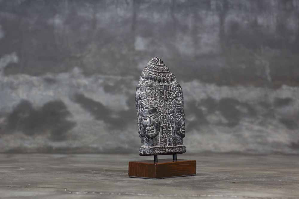 Decorative Cement Relief with Two Buddha Faces on a Base