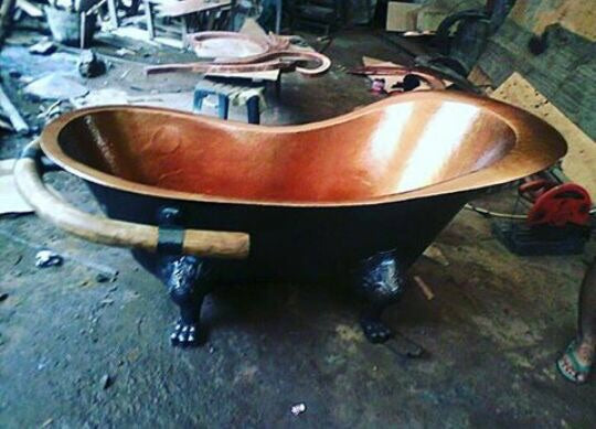 Handcrafted Copper Freestanding Bathtub With A Teak Towel Bar - Spa Quality