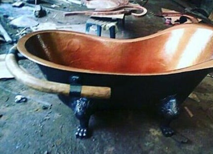 Handcrafted Copper Freestanding Bathtub With A Teak Towel Bar - Spa Quality