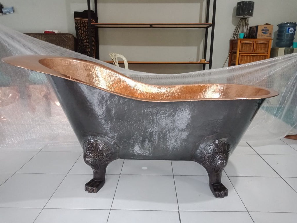 Handcrafted Copper Freestanding Bathtub With A Teak Towel Bar - Spa Quality