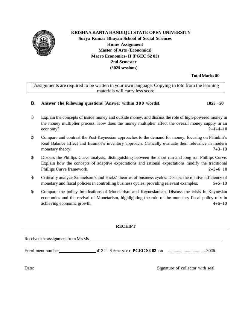 KKHSOU Macro Economics- II (PGEC S2 02) Solved Assignment 2025