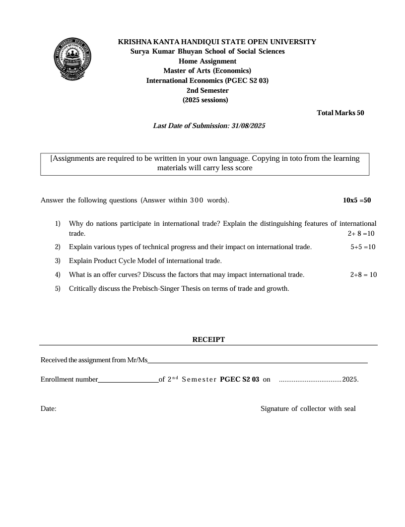 KKHSOU International Economics (PGEC S2 03) Solved Assignment 2025