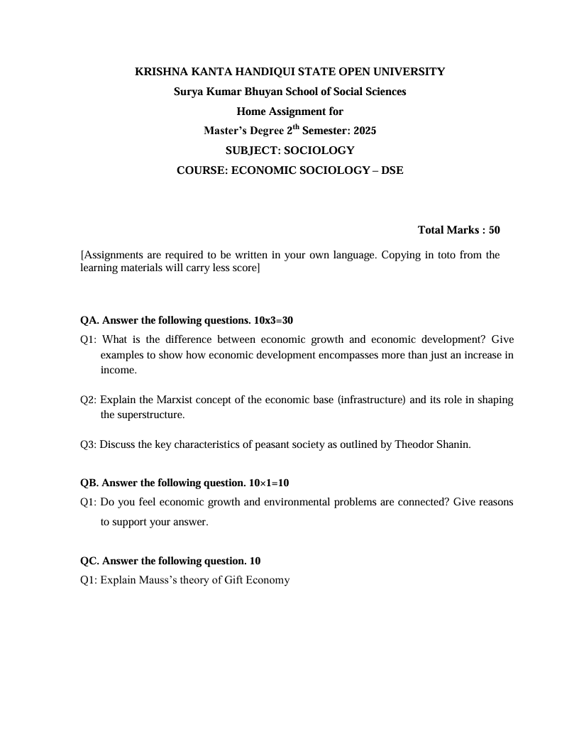 KKHSOU ECONOMIC SOCIOLOGY – DSE Solved Assignment 2025