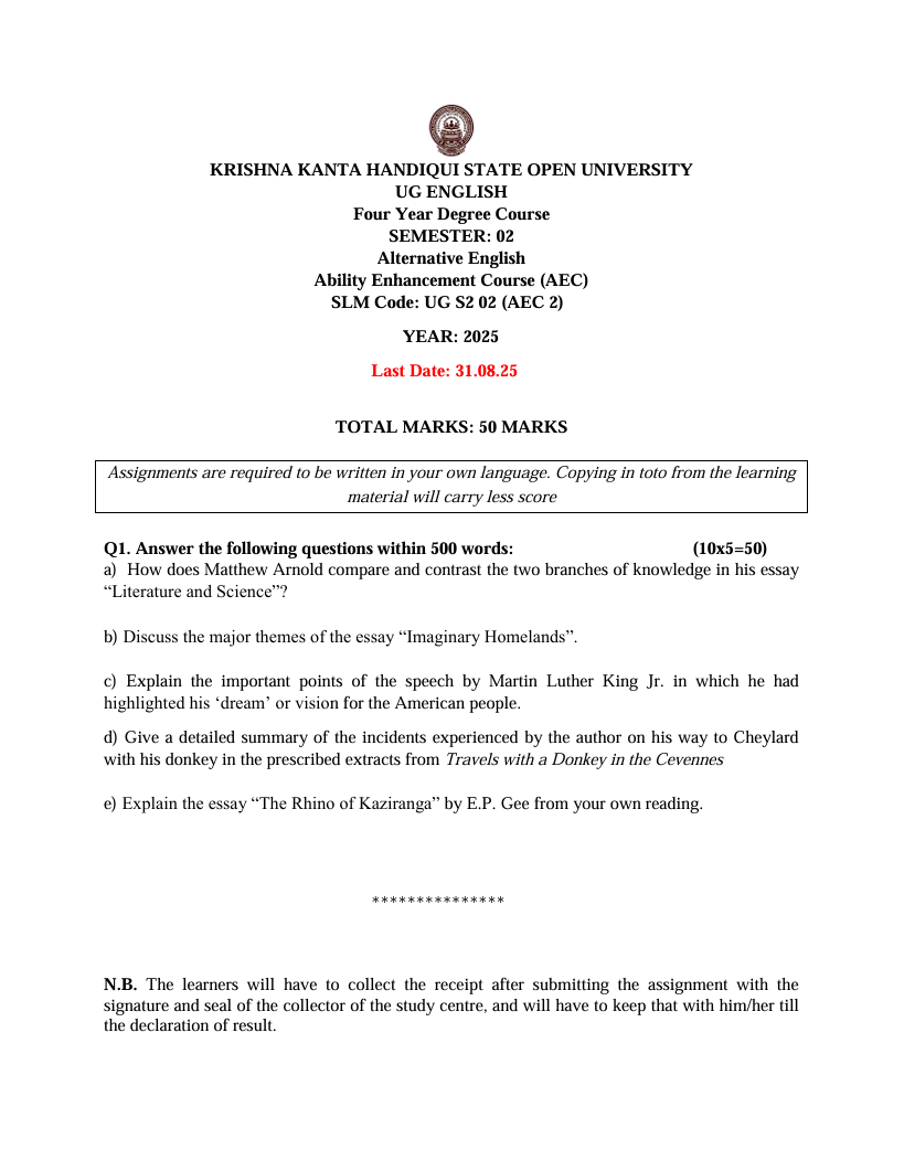 KKHSOU UG S2 02 (AEC 2) Alternative English Solved Assignment 2025