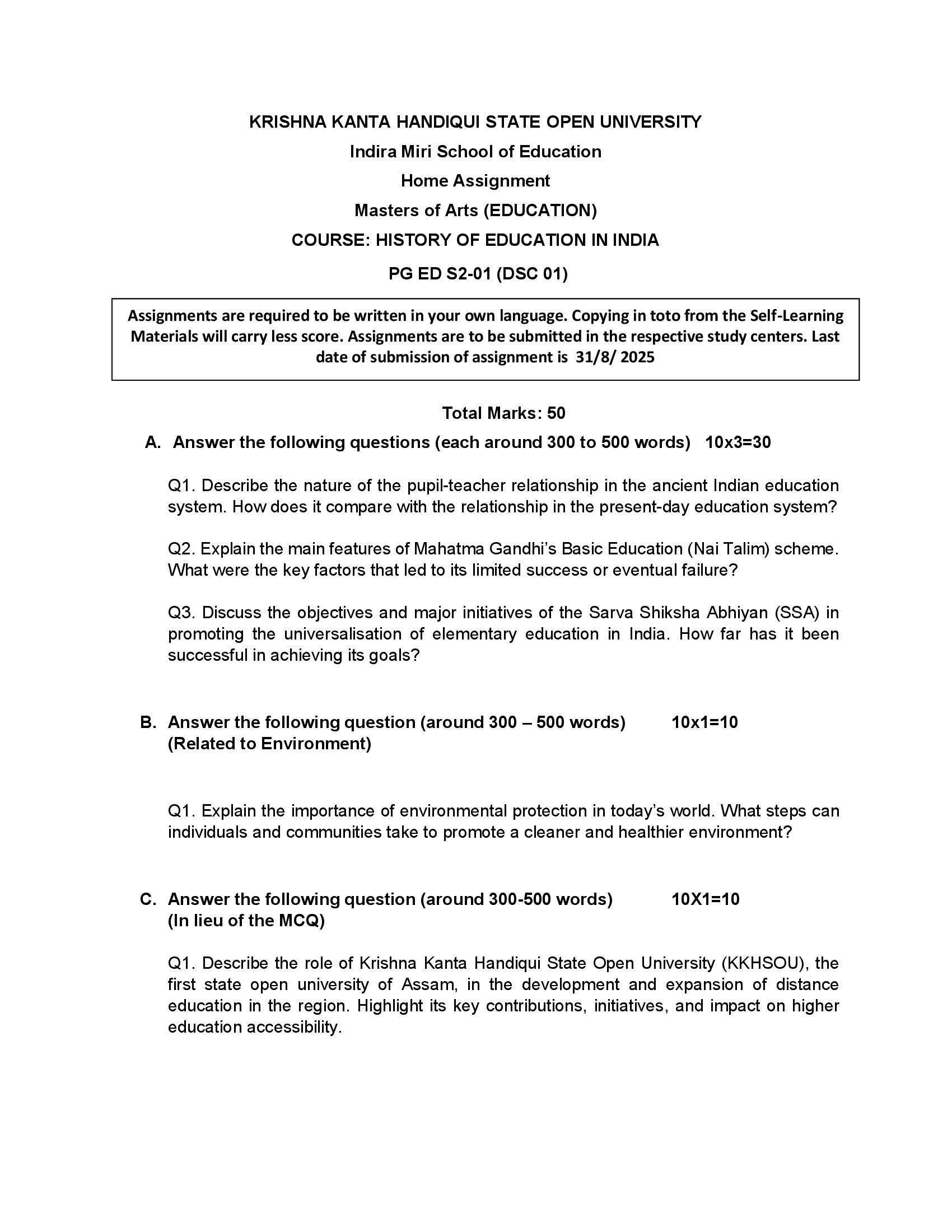 KKHSOU PG ED S2-01 (DSC 01) HISTORY OF EDUCATION IN INDIA Solved Assignment 2025