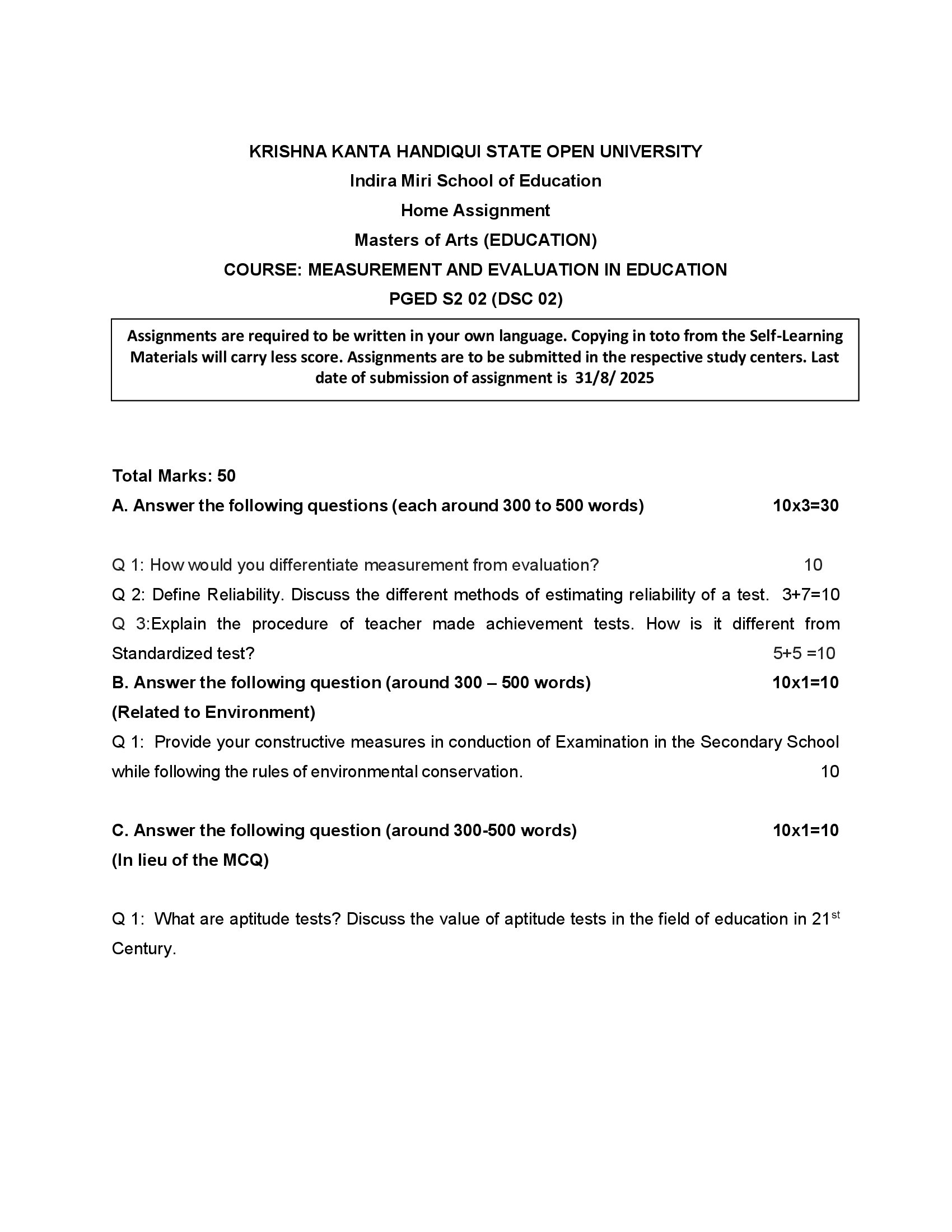 KKHSOU PGED S2 02 (DSC 02) MEASUREMENT AND EVALUATION IN EDUCATION Solved Assignment 2025