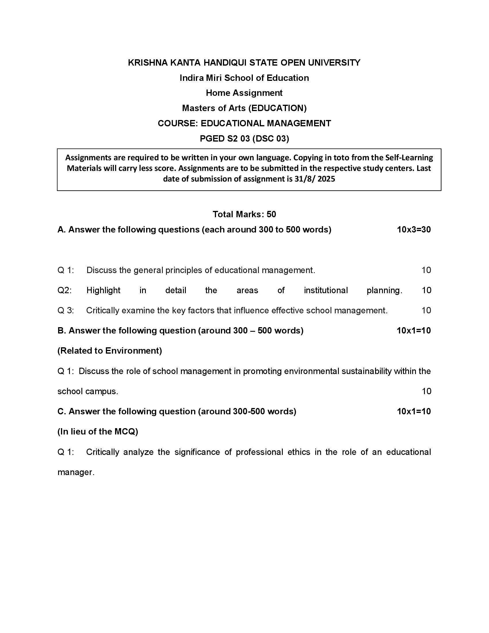 KKHSOU PGED S2 03 (DSC 03) EDUCATIONAL MANAGEMENT Solved Assignment 2025