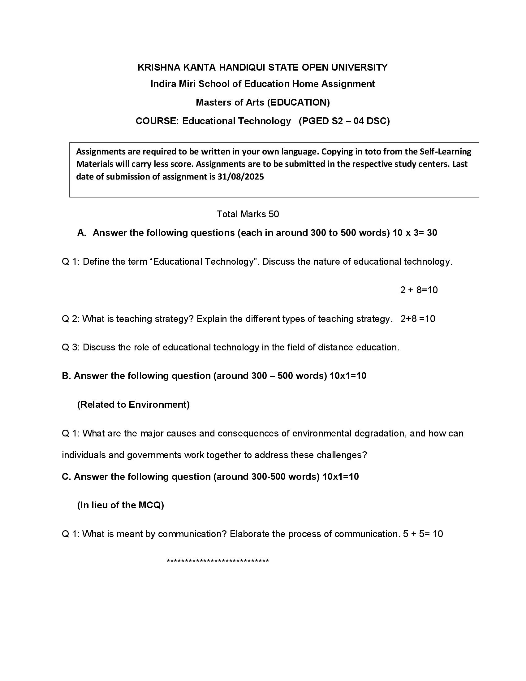 KKHSOU Educational Technology (PGED S2 – 04 DSC) Solved Assignment 2025