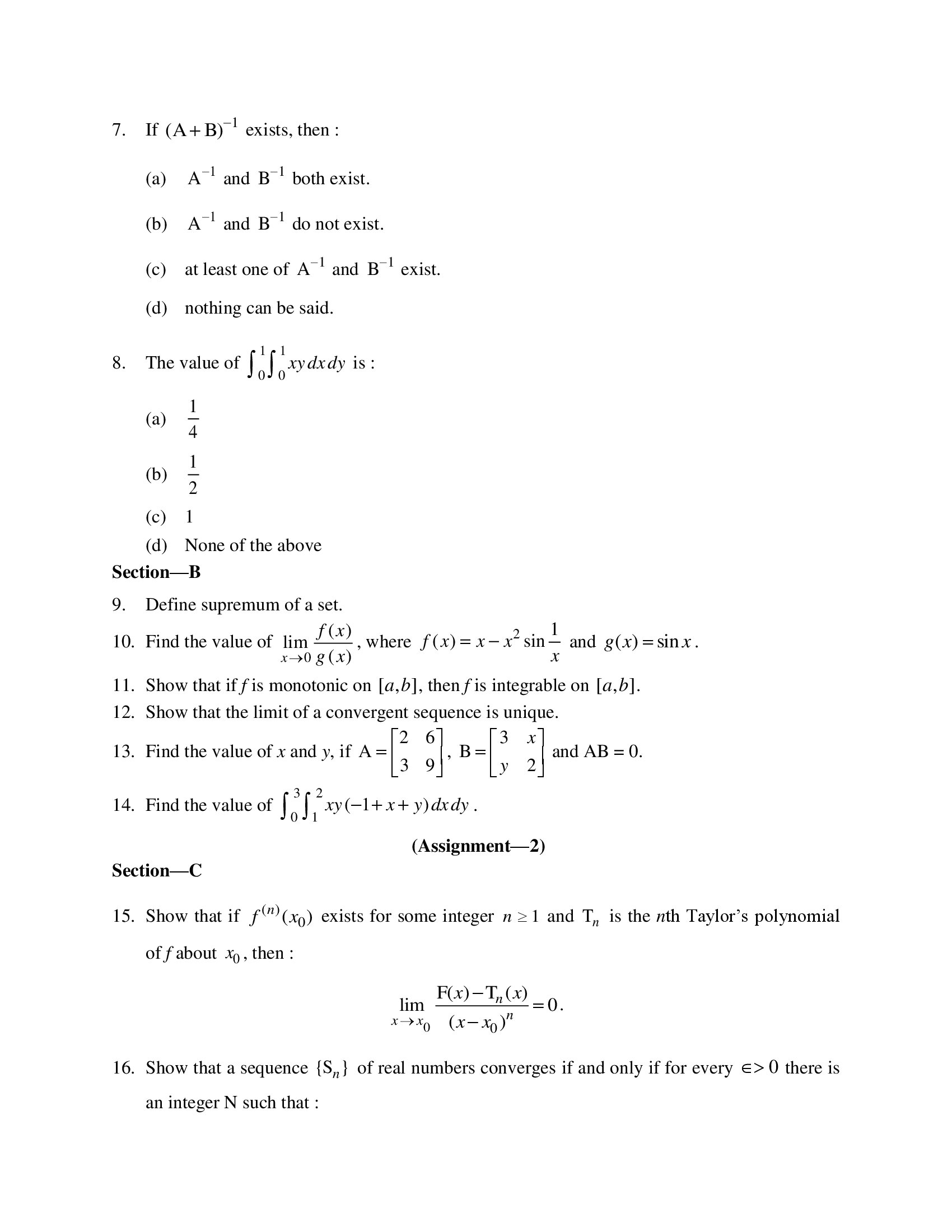 PSSOU MA/MSC (Mathematics) Previous Real Analysis (L–292) Solved Assignment 2025