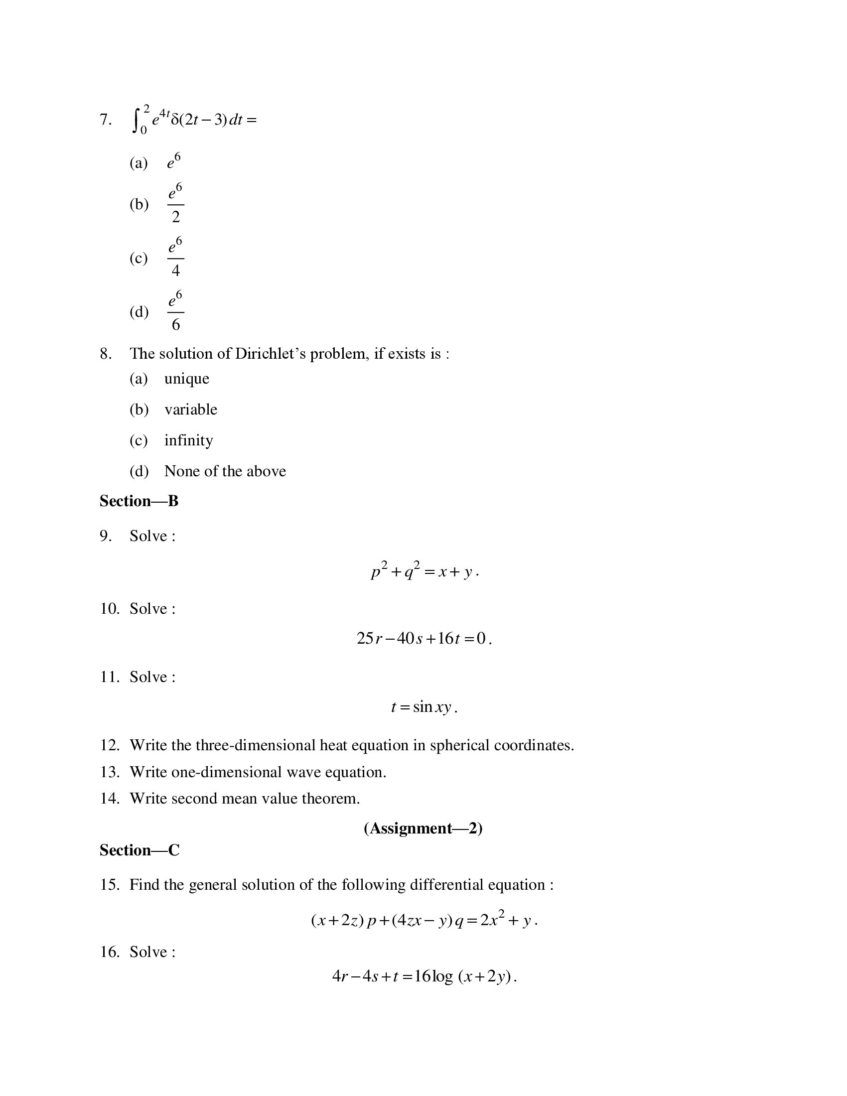 PSSOU MA/MSC (Mathematics) Previous Partial Differential Equation (L–293) Solved Assignment 2025