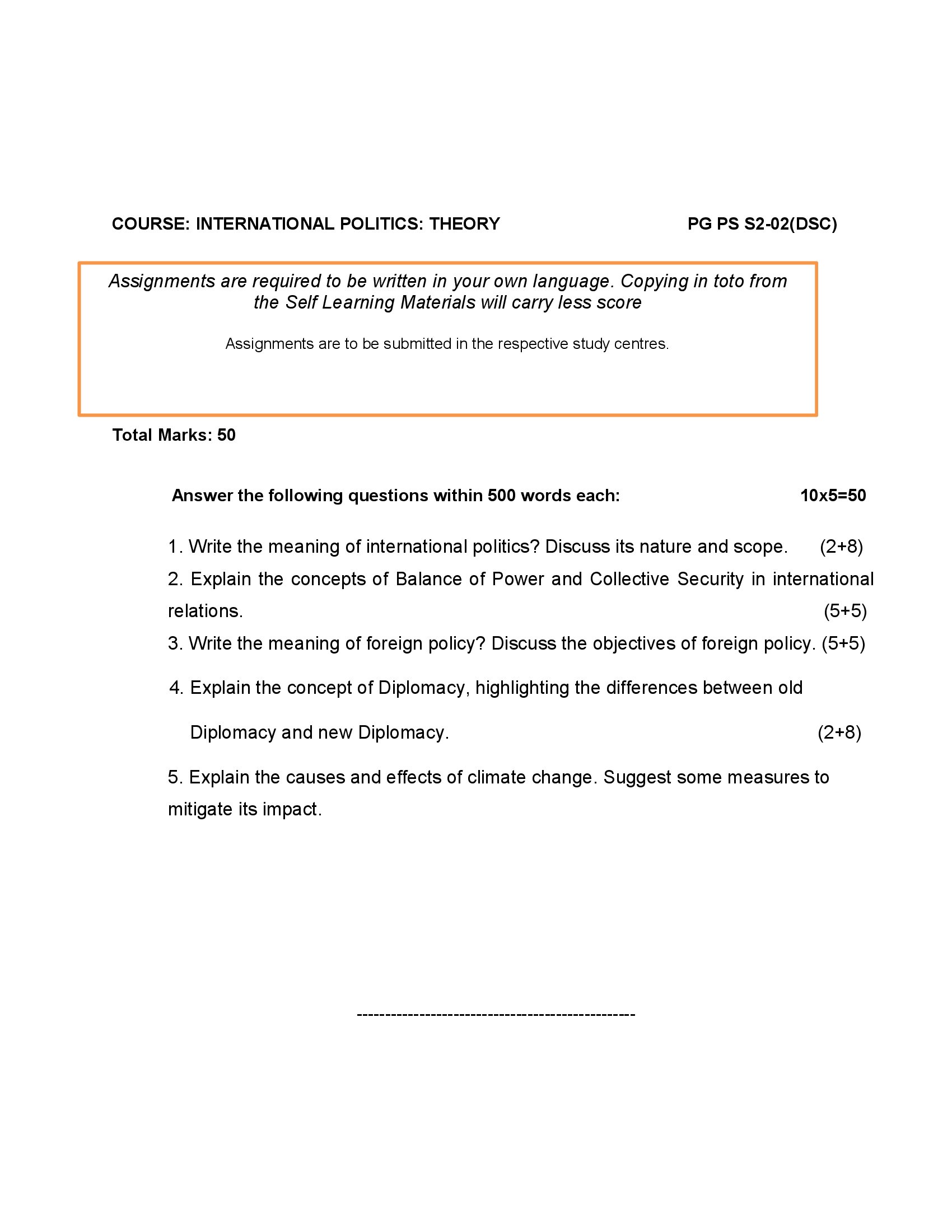 KKHSOU INTERNATIONAL POLITICS: THEORY PG PS S2-02(DSC) Solved Assignment 2025