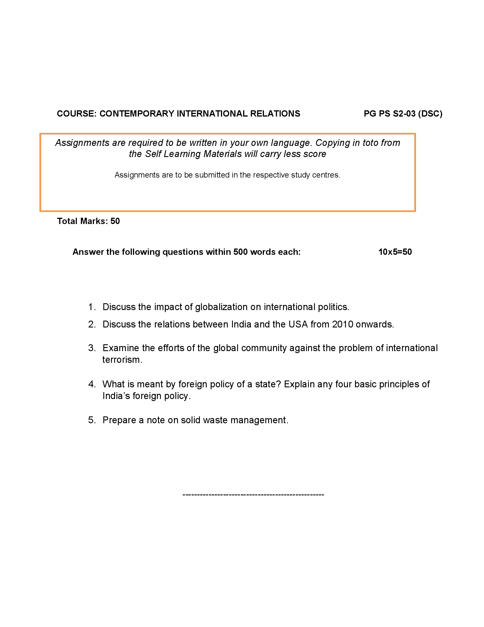 KKHSOU CONTEMPORARY INTERNATIONAL RELATIONS PG PS S2-03 (DSC) Solved Assignment 2025