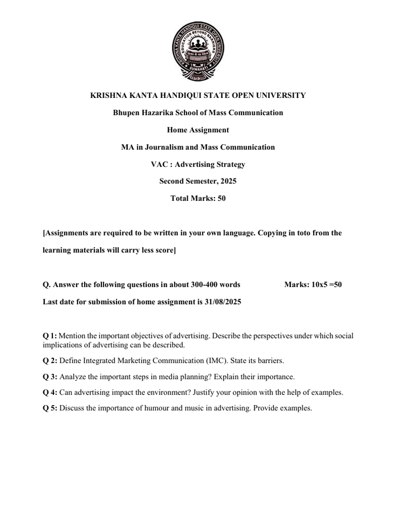 KKHSOU VAC : Advertising Strategy Solved Assignment 2025