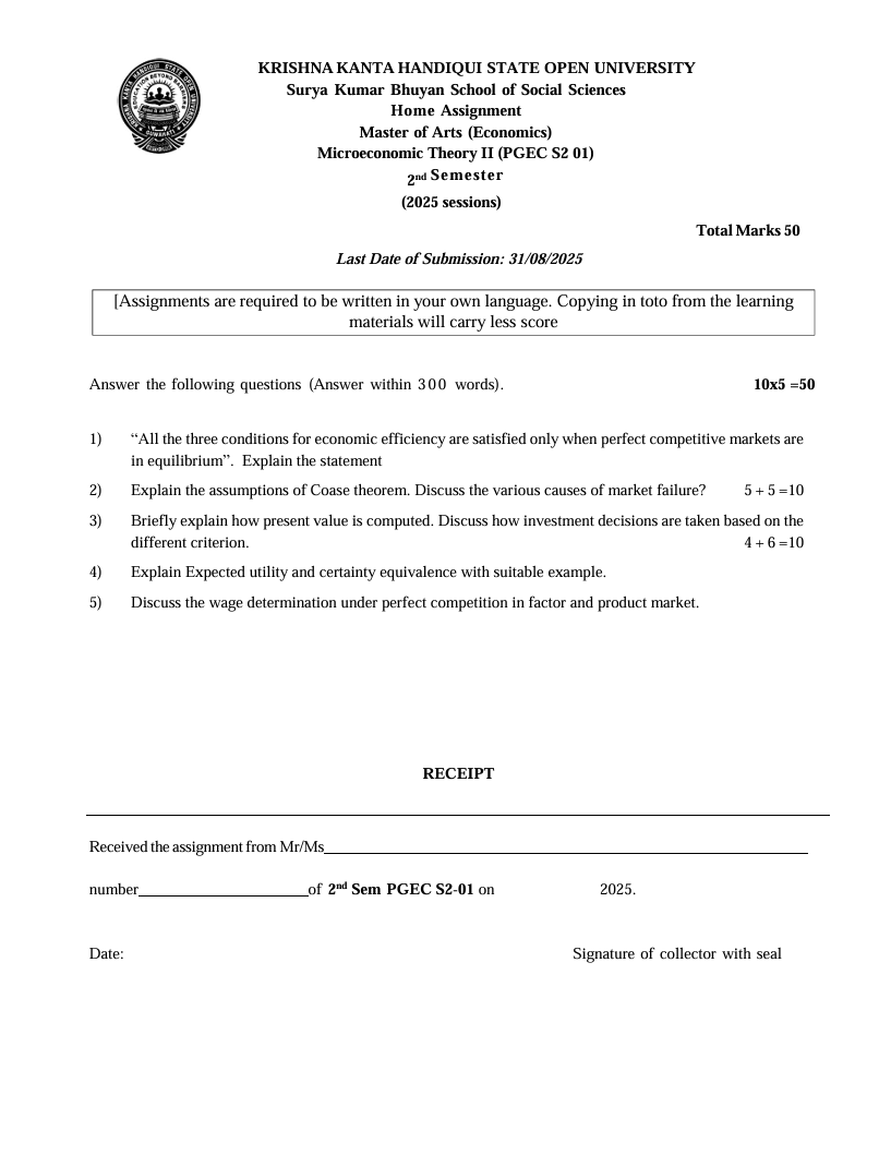 KKHSOU Microeconomic Theory II (PGEC S2 01) Solved Assignment 2025