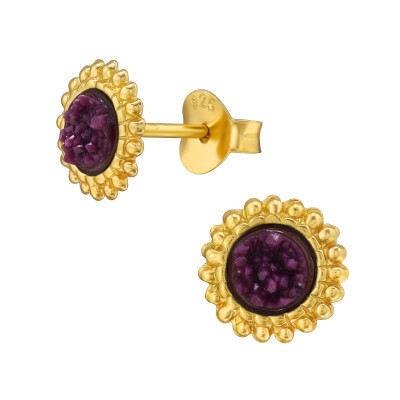 Gold Plated Sterling Silver Deep Purple Opal Stud Earrings