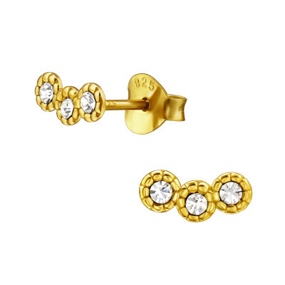 Gold Plated Sterling Silver Curved Three Crystal Stud Earrings