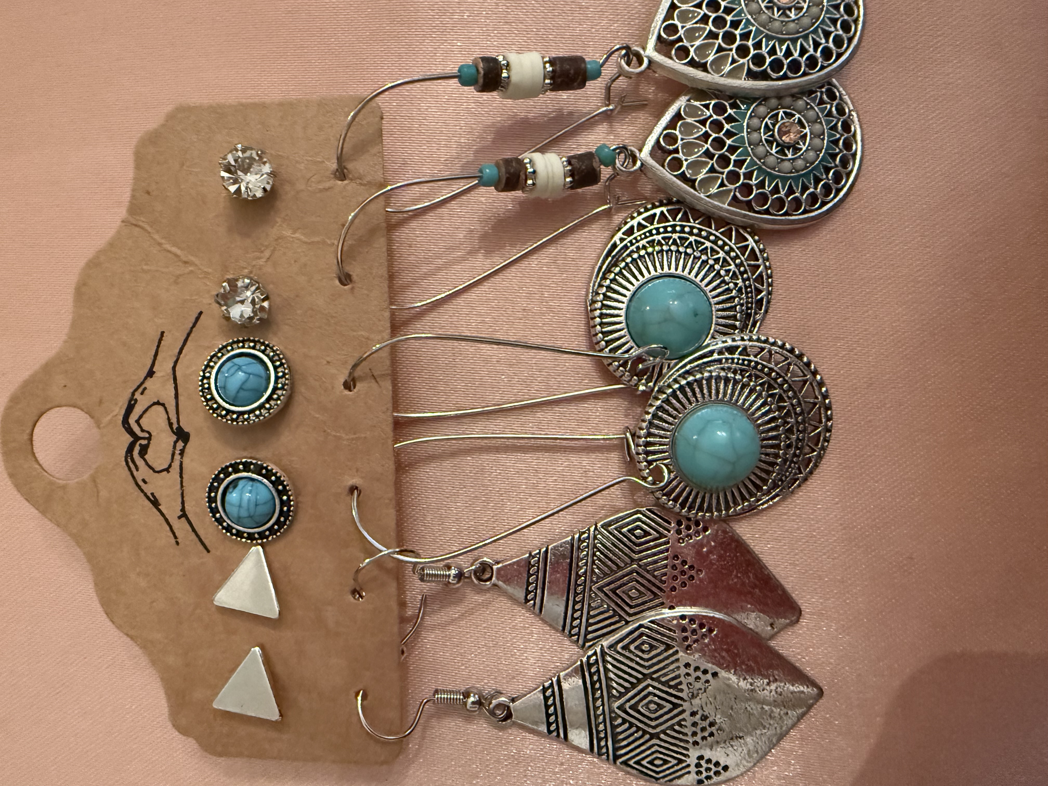 Six earrings turquoise & silver tone