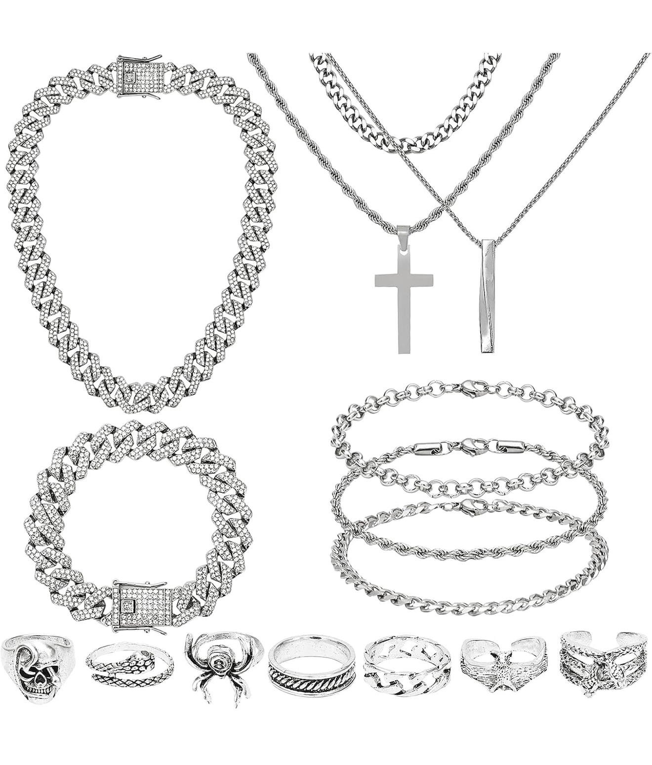 15 piece set silver tone jewelry for men