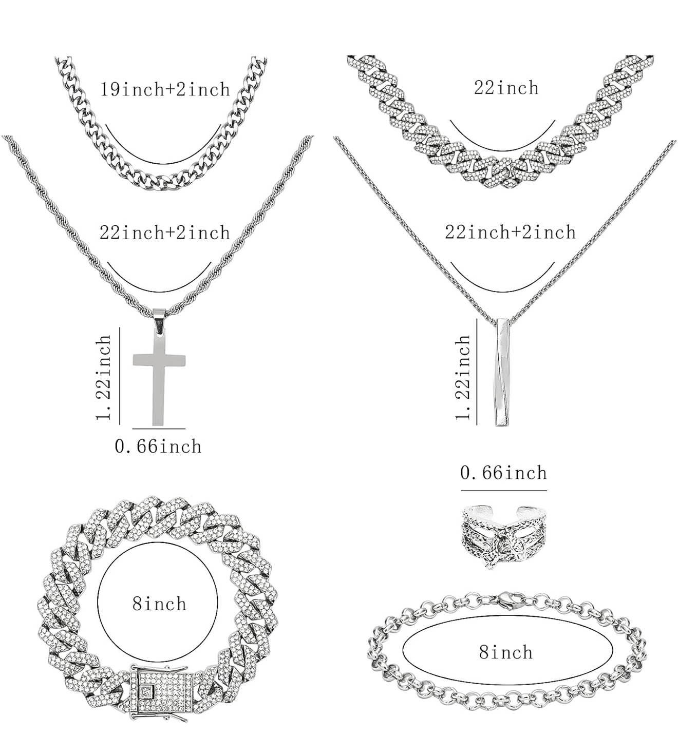 15 piece set silver tone jewelry for men