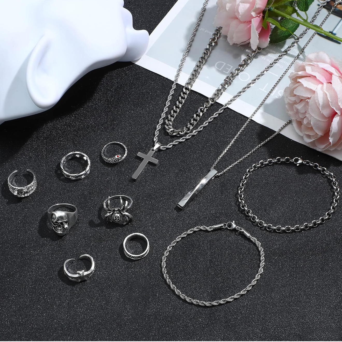 15 piece set silver tone jewelry for men