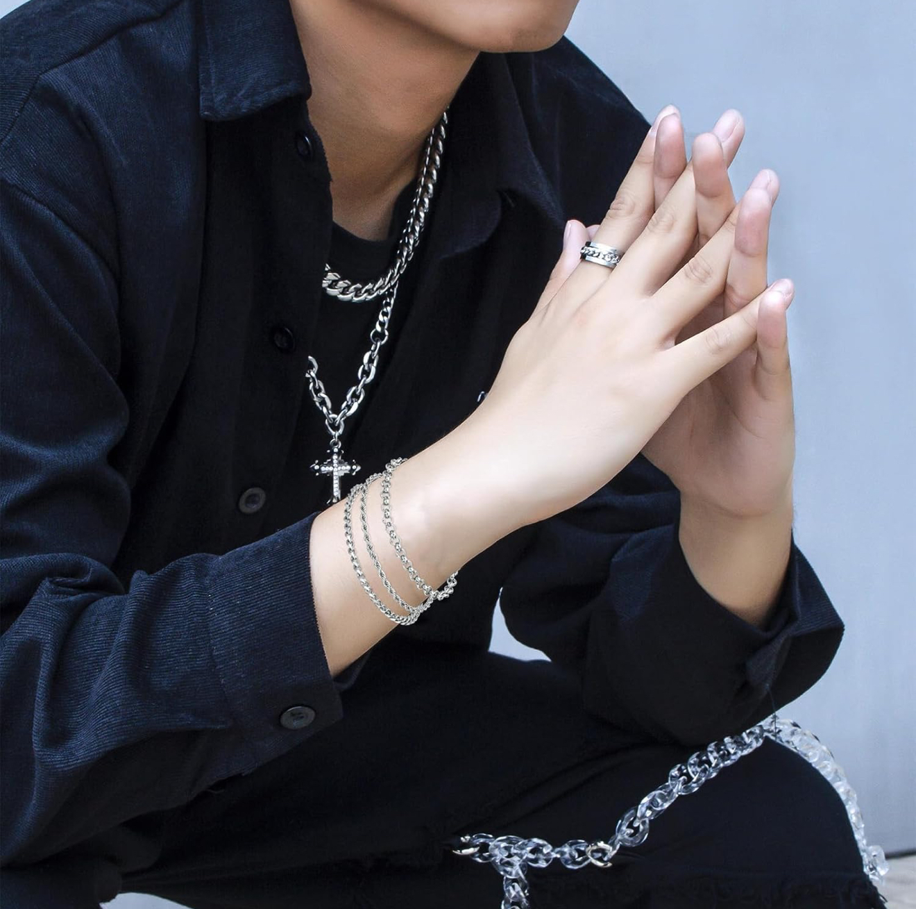 15 piece set silver tone jewelry for men