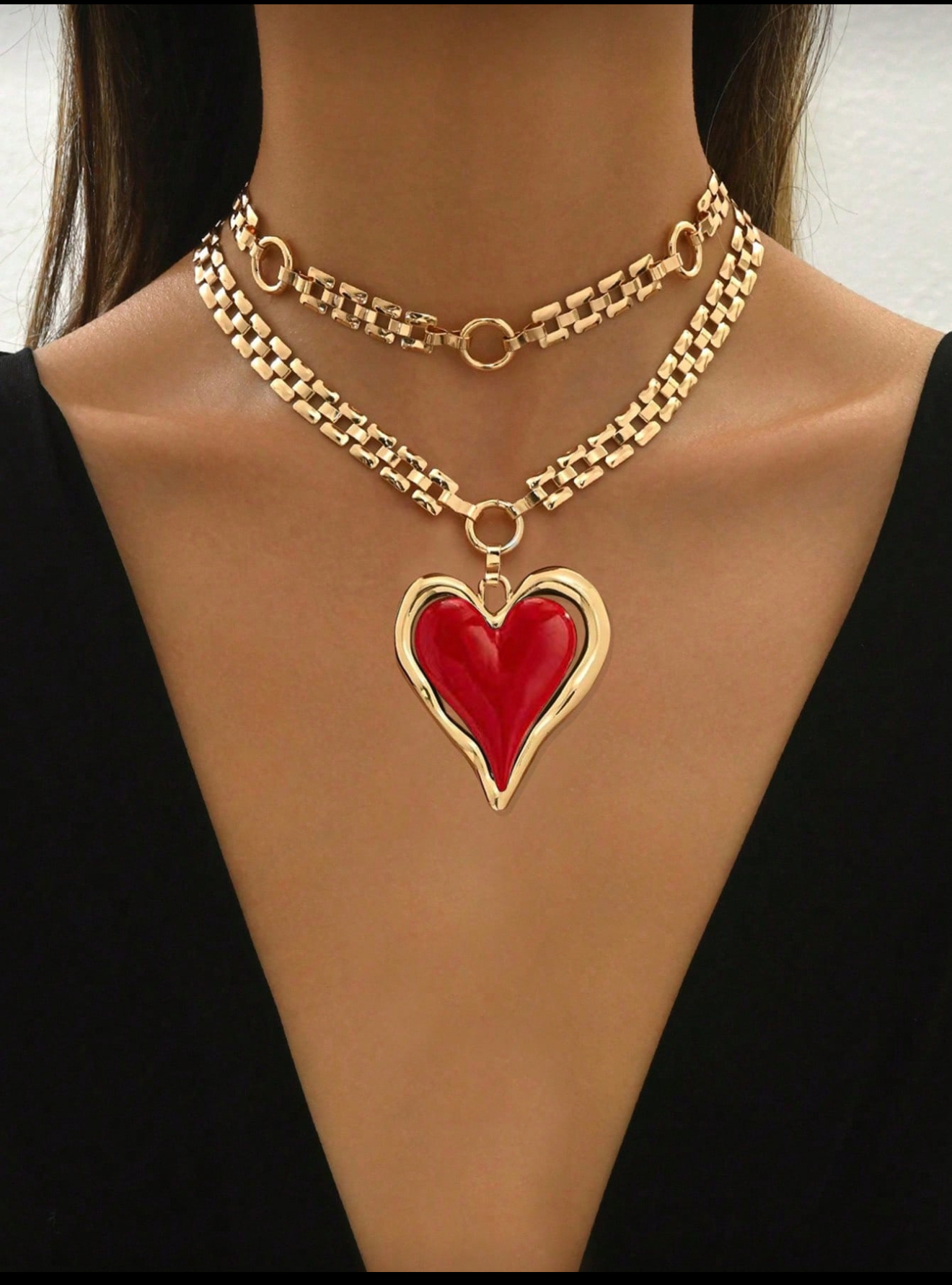 Big Red Heart layered/gold tone necklace