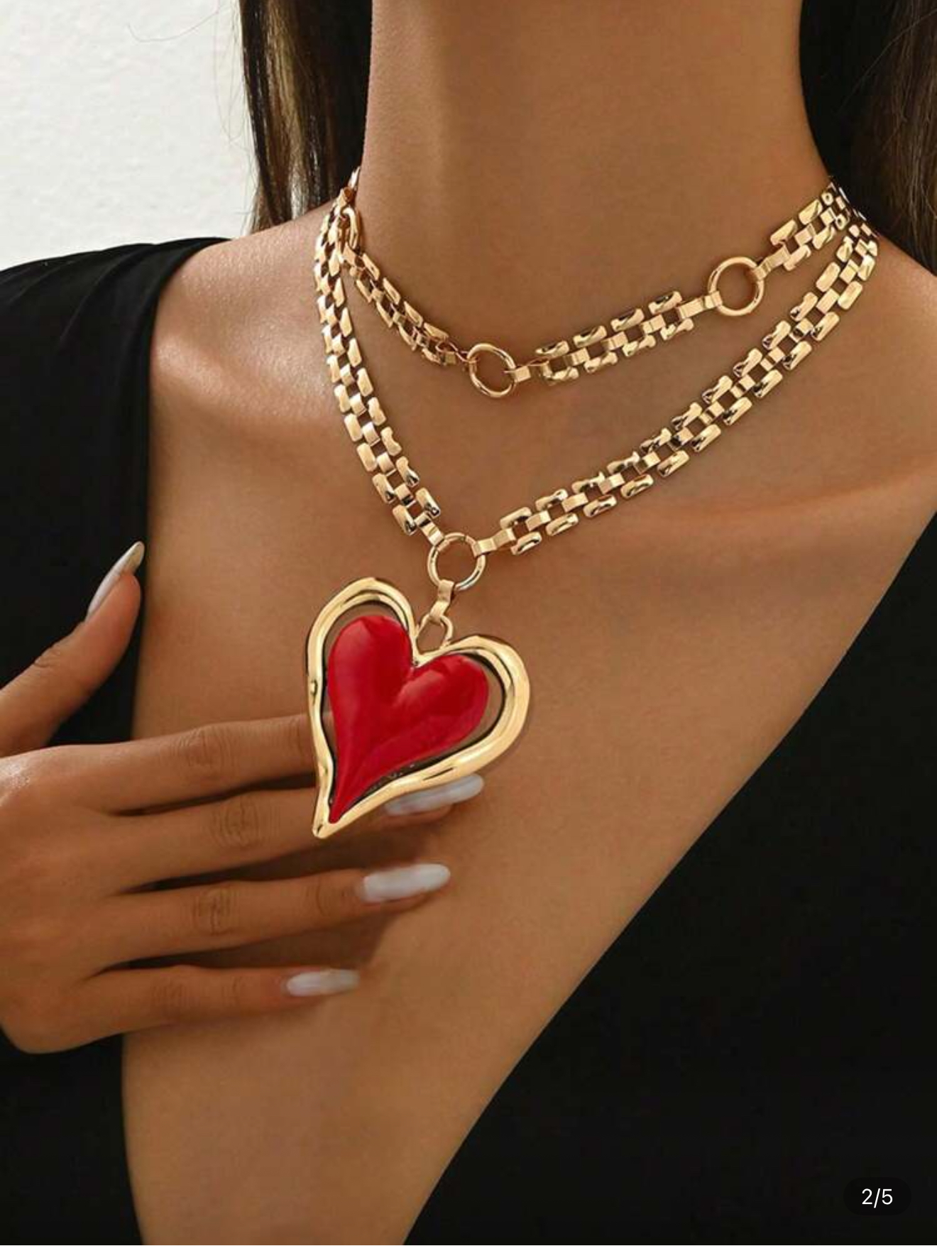 Big Red Heart layered/gold tone necklace