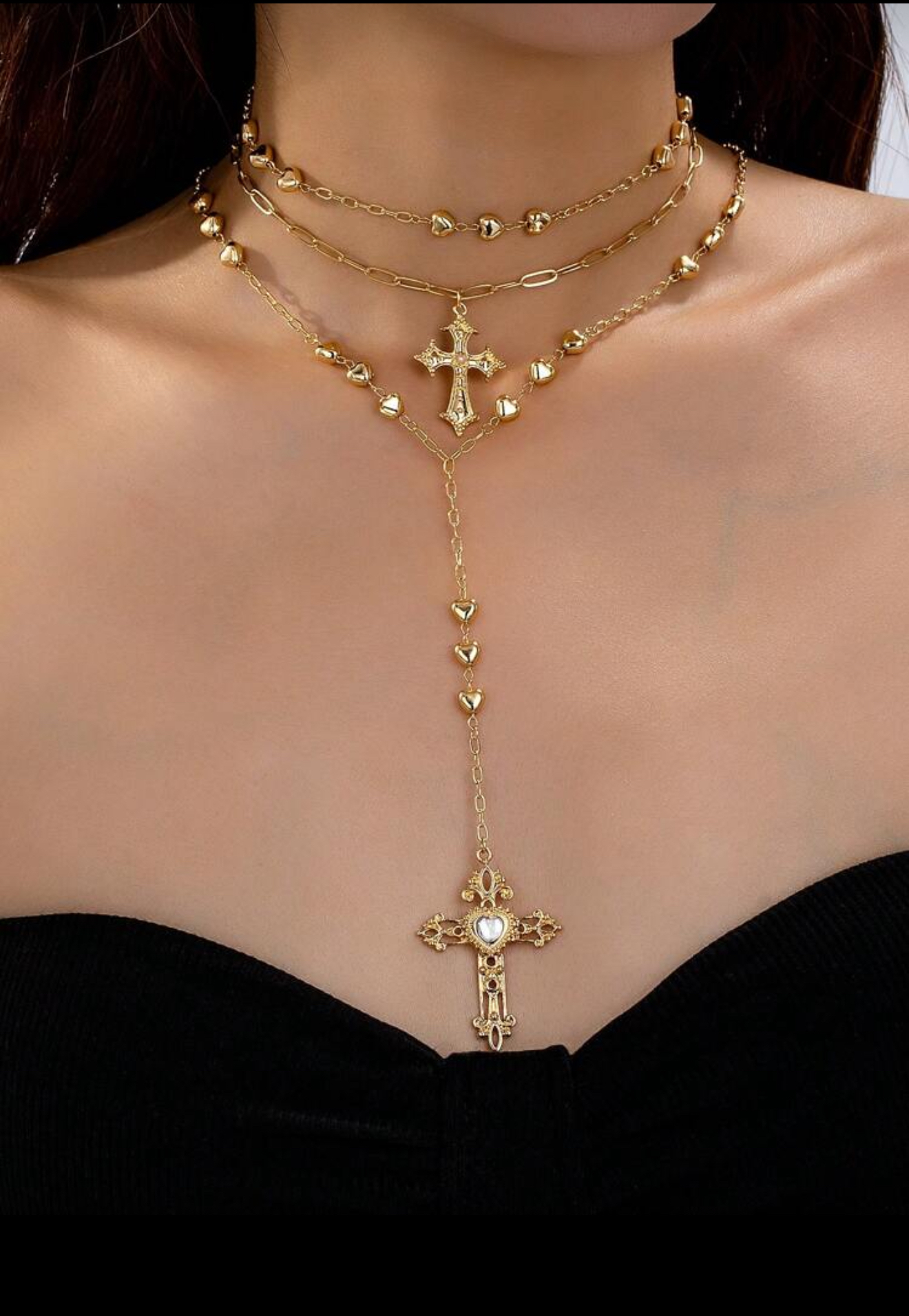 Three layered cross necklaces/gold tone