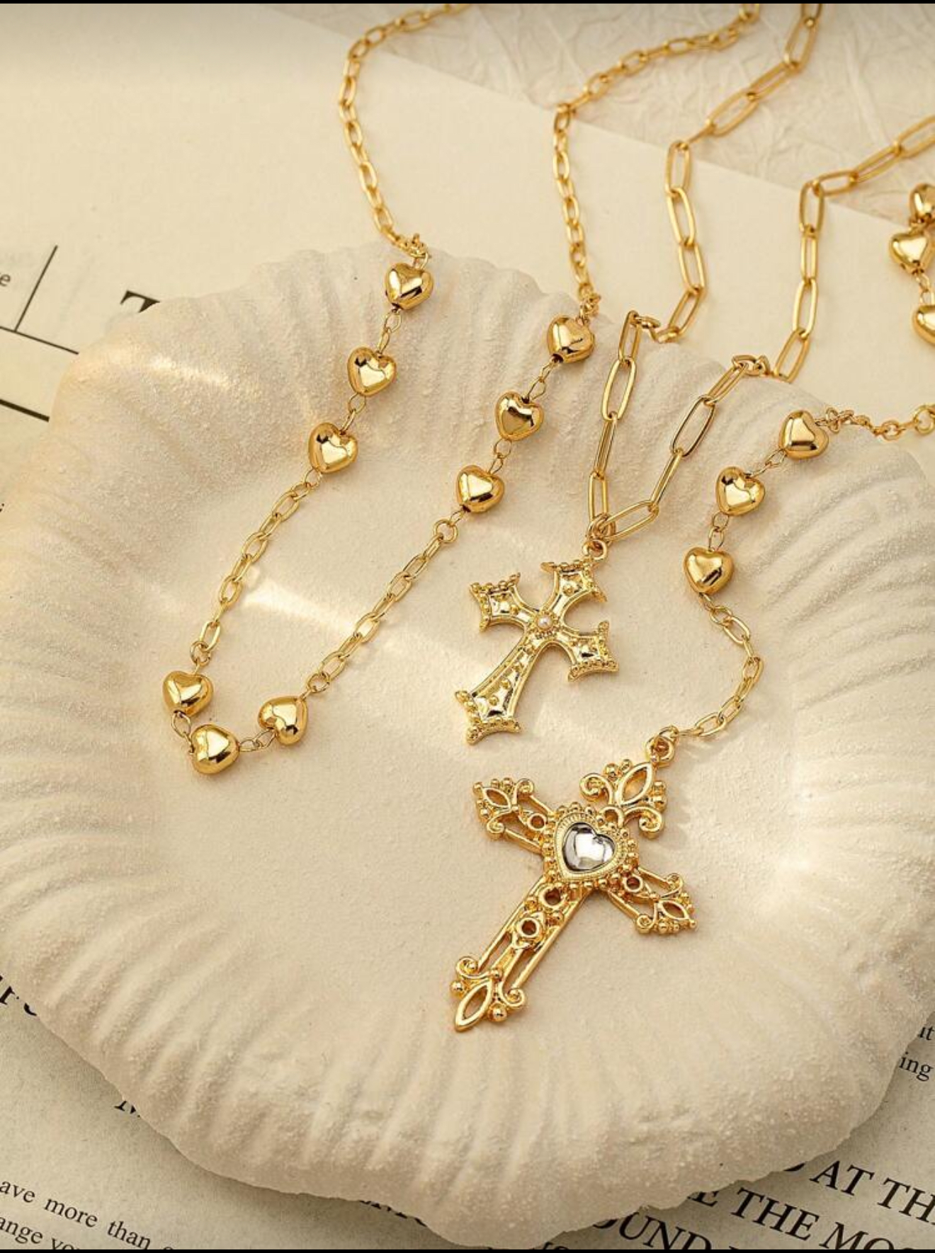 Three layered cross necklaces/gold tone